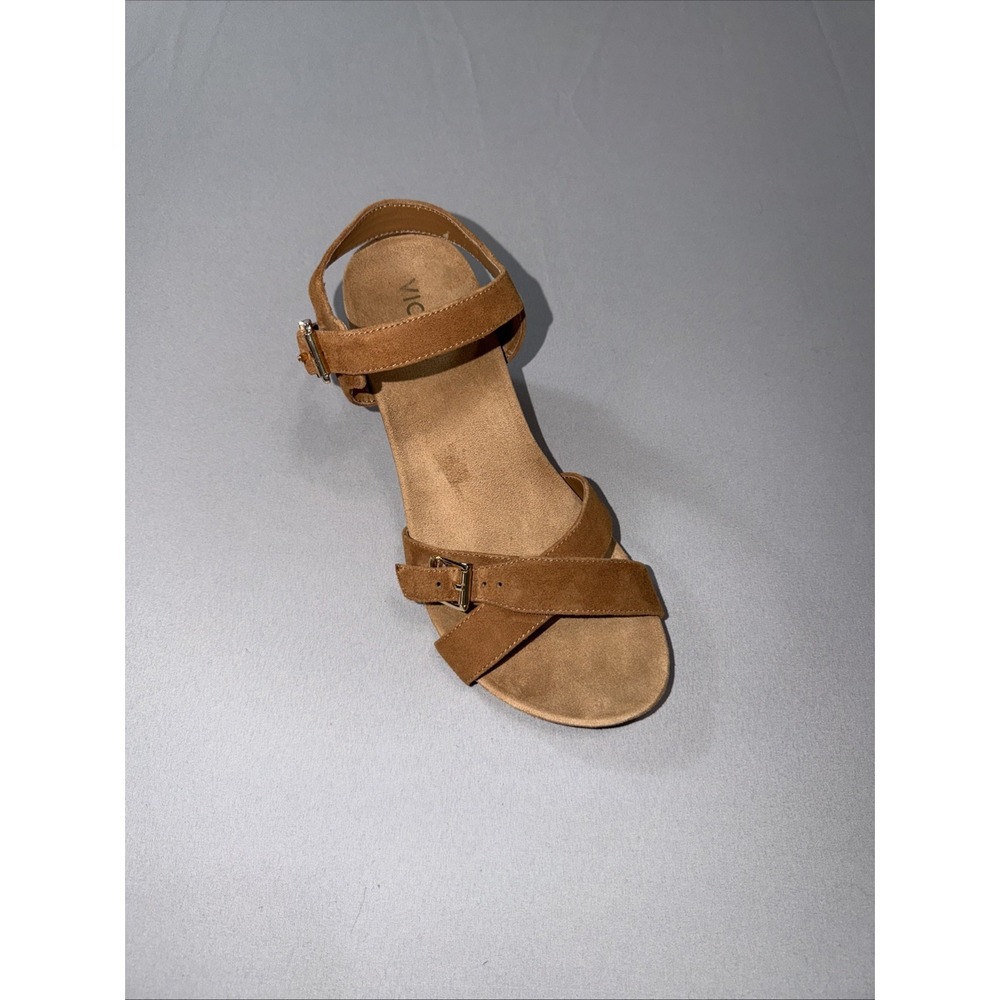 Vionic Anka Tan 3" Wedge Sandals Size 9.5 Leather Adjustable Ankle Vamp Straps